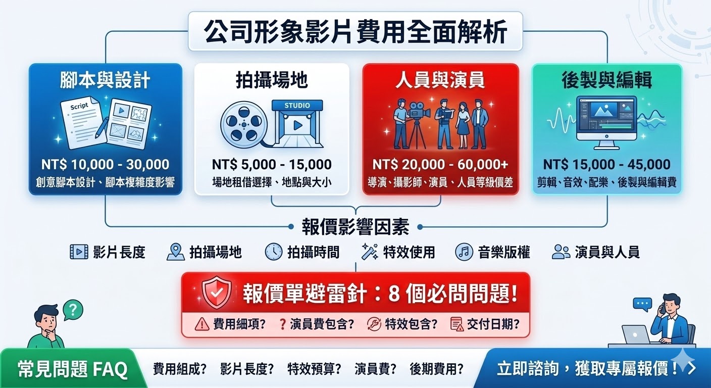 公司形象影片是一種專門用來展示企業品牌形象、產品或服務的影片，通常用於企業的市場行銷與宣傳。透過精心製作的影片，企業能夠有效傳達品牌價值與核心理念，提升品牌的知名度和公信力。公司形象影片的費用會根據拍攝場地、影片長度、製作風格等因素而有所不同，了解其費用組成和報價單細節，有助於企業選擇最適合的影片方案，達到最佳的宣傳效果。
